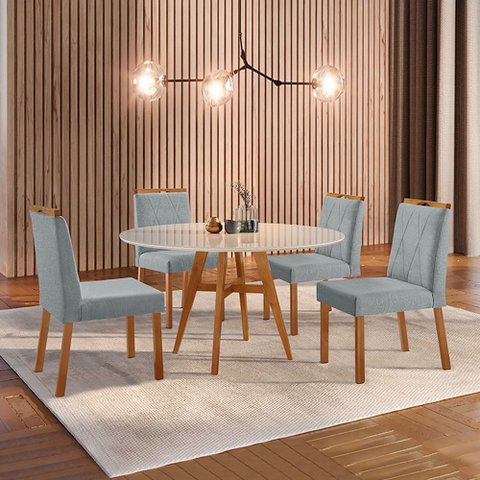 Conjunto Sala de Jantar Mesa Atenas Madeira Maciça 110cm Tampo Redondo Vidro Off White com 4 Cadeira