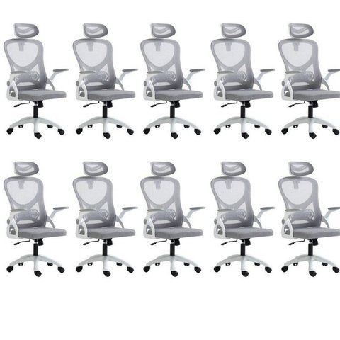 Kit 10 Cadeiras para Escritório Presidente Office Columbus com Tela Mesh Branco/Cinza Rivatti