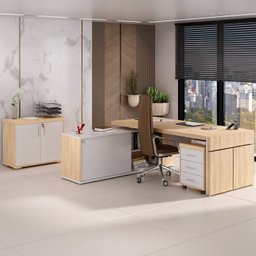 Kit 3 Peças com Mesa para Escritório Diretor em L,  Armário Multiuso Baixo e Gaveteiro 3 Gavetas - 1