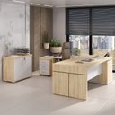 Ver imagem 3 de Conjunto 3 Peças com Mesa para Escritório Diretor em L, Armário Multiuso Baixo e Gaveteiro 3 Gavetas Carvalho Branco Artany