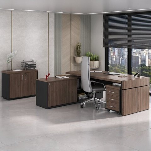 Conjunto 3 Peças com Mesa para Escritório Diretor em L, Armário Multiuso Baixo e Gaveteiro 3 Gavetas Charuto Preto