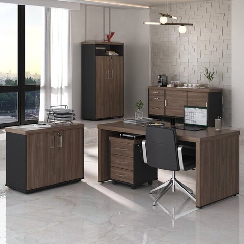 Conjunto Tamburato Mesa 1600 Gaveteiro Balcão 2 Portas Armário com Nicho e com Gavetas Charuto Preto