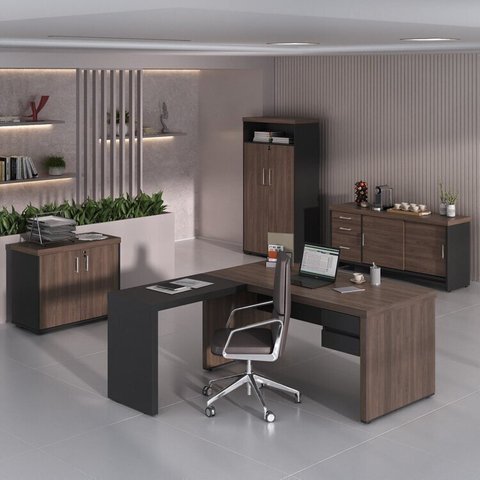 Conjunto 4 Peças com Mesa para Escritório Diretor em L, Armário Multiuso Alto, Baixo e Balcão com Charuto Preto