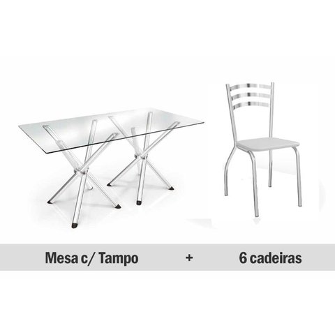 Conjunto: Mesa Sala Jantar Volga c/ Tampo Vidro 150cm + 6 Cadeiras Portugal Cromado/Courano Branco -