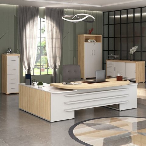 Conjunto 4 Peças com Mesa Diretor em L, Gaveteiro, Balcão e Armário Alto em Tamburato Carvalho Branco