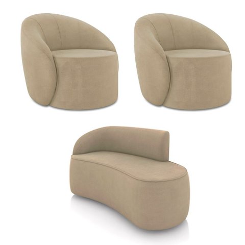 Sofá 2 Lugares Orgânico 140cm Morgan e 2 Poltronas Lua Suede Marrom Rato D03 - D’Rossi