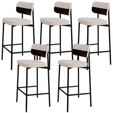Kit 05 Banquetas Alta Bar Cozinha Sala de Jantar Aço Preto Kaira C01 Linho Palha Courino Preto - Lya