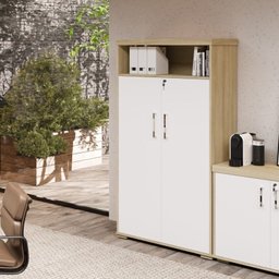 Kit 3 Peças com Mesa para Escritório Presidente, Balcão para Escritório e Armário Multiuso Alto em Tamburato - 17