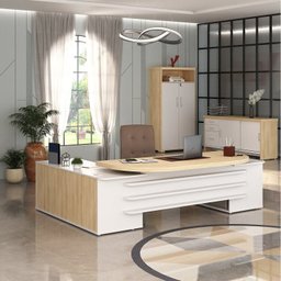 Kit 3 Peças com Mesa para Escritório Presidente, Balcão para Escritório e Armário Multiuso Alto em Tamburato - 1