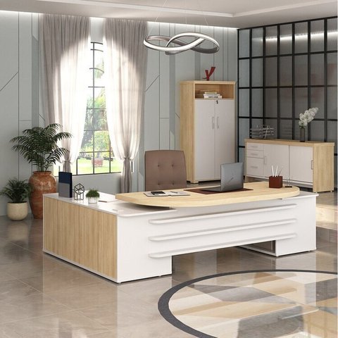 Conjunto 3 Peças com Mesa para Escritório Presidente, Balcão para e Armário Multiuso Alto em T Carvalho Branco