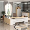 Ver imagem 1 de Conjunto 3 Peças com Mesa para Escritório Presidente, Balcão para e Armário Multiuso Alto em T Carvalho Branco Artany