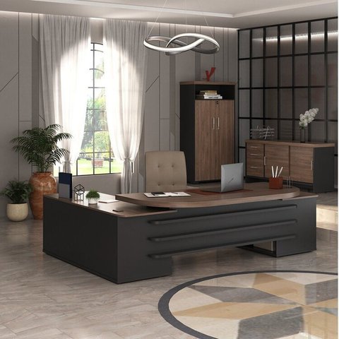 Conjunto 3 Peças com Mesa para Escritório Presidente, Balcão para e Armário Multiuso Alto em T Charuto Preto