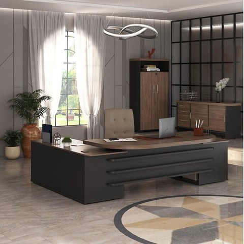 Conjunto 3 Peças com Mesa para Escritório Presidente, Balcão para e Armário Multiuso Alto em T Charuto Preto