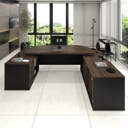 Kit 3 Peças com Mesa para Escritório Presidente, Balcão para Escritório e Armário Multiuso Alto em Tamburato - 3