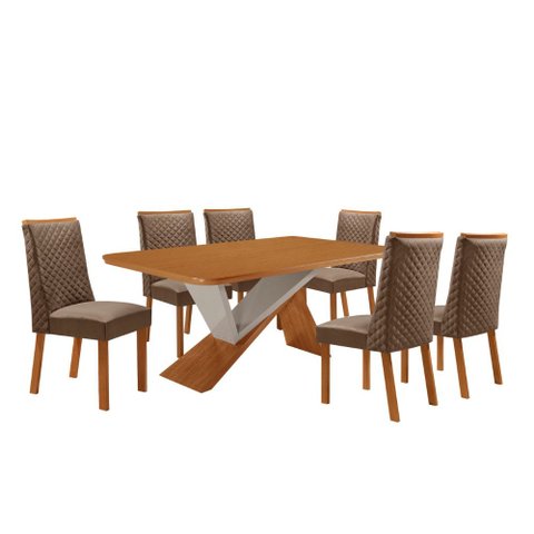 Mesa de Jantar Yasmin 180 cm Tampo MDF Canto Copo Laminado com 6 Cadeiras Moderna Mobília