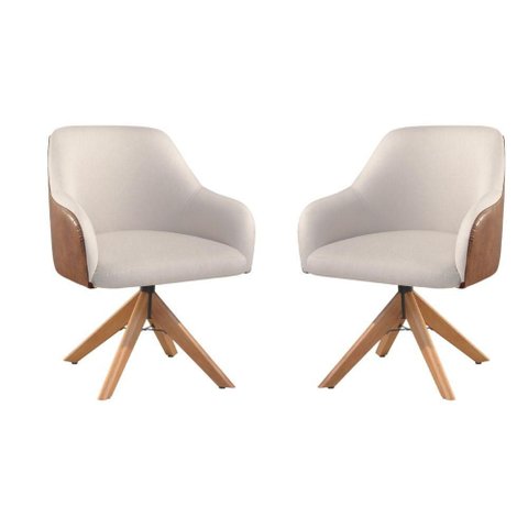 Conjunto Poltronas Decorativa Hera Linho Nude Couro Caramelo com Base Giratória em Madeira