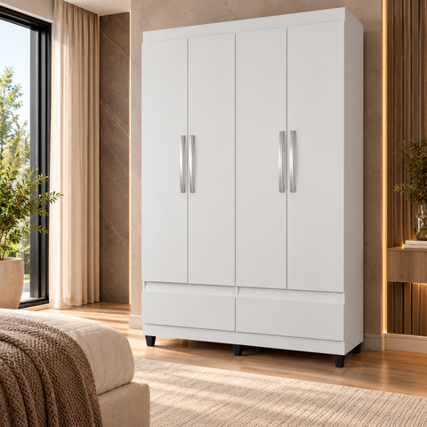 Guarda Roupa Solteiro Romeu 4 Portas 2 Gavetas 120cm com Cabideiro Branco - Rede Móveis