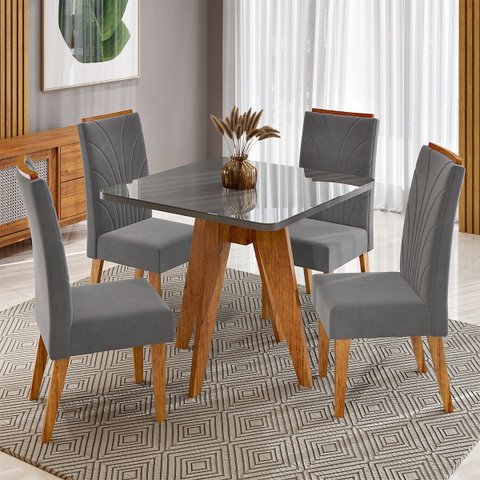 Conjunto Sala de Jantar 4 Lugares Quadrado Tampo de MDF/Vidro Marely Cobre/Vidro Grafite/Cinza - Cas