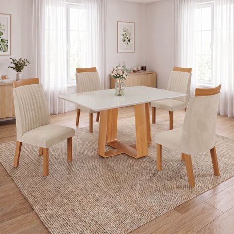 Conjunto Mesa de Jantar com Vidro e 4 Cadeiras 120cm Multimóveis Crljm-CON029 Madeirado/Off White