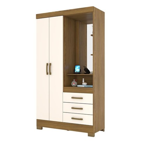 Guarda Roupa Solteiro Pequin 2 Portas e 3 Gavetas com Espelho Nature/Off White - Móveis Briz