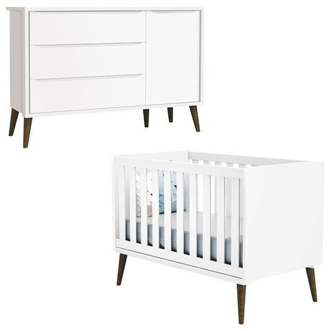 Berço Americano e Cômoda com Porta Infantil Theo Branco Acetinado com Pés Amadeirado – Reller