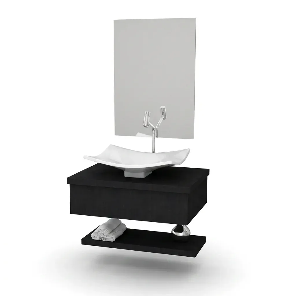 Ver imagem 2 de Kit com 2 Conjuntos para Banheiro Gabinete com Cuba F44 e Prateleira 605W Metrópole Preto/Onix