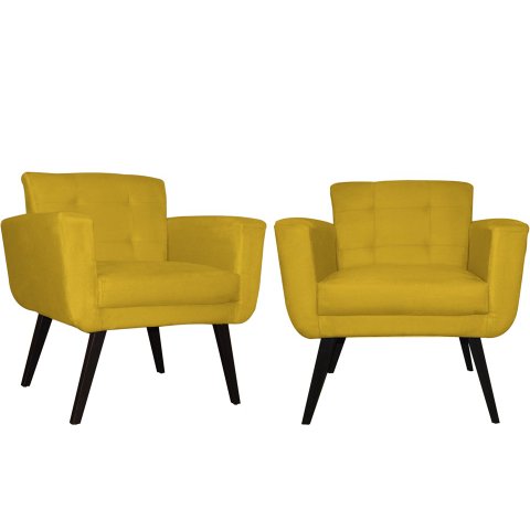 Kit 2 Poltronas Decorativa Geovana Couro Amarelo Pés Madeira Ms Decor