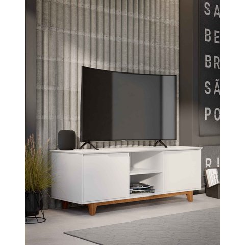 Rack Bancada Flow para Tv 146 Cm 2 Portas com Pés de Madeira Branco - Rede Móveis