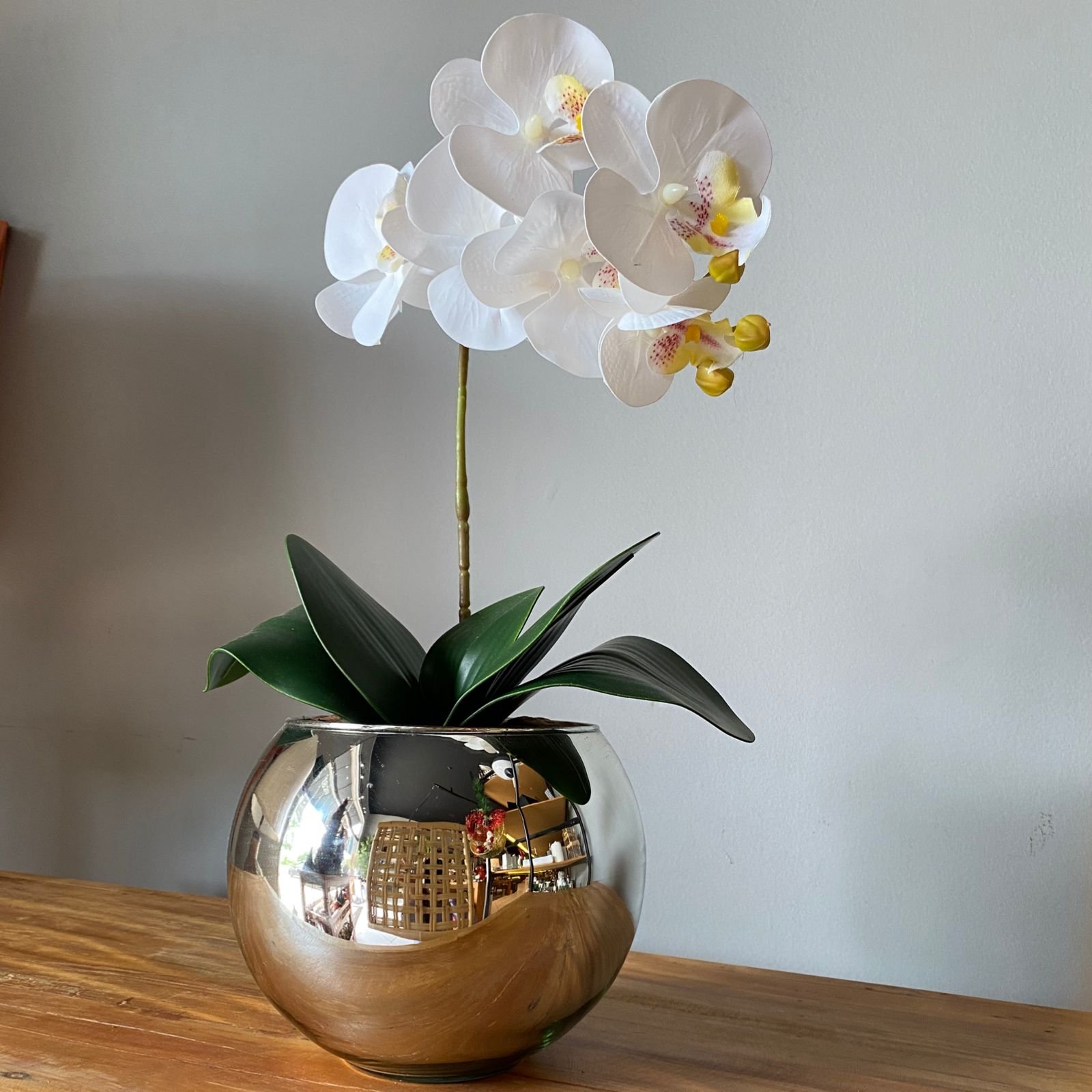 Orquídea Branca Artificial Arranjo no Vaso Espelhado Flores Permanentes - 3