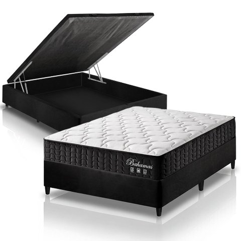 Cama Box Baú Casal Preto + Colchão Molas Ensacadas Zidi Bahamas 138x188x66cm