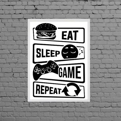 Quadro Eat Sleep Game Repeat 24x18cm - com vidro:Madeira preta