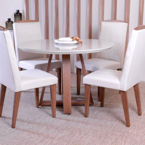 Mesa de Jantar Bennett Redonda 115 Cm - Natural C/ Vidro Off White