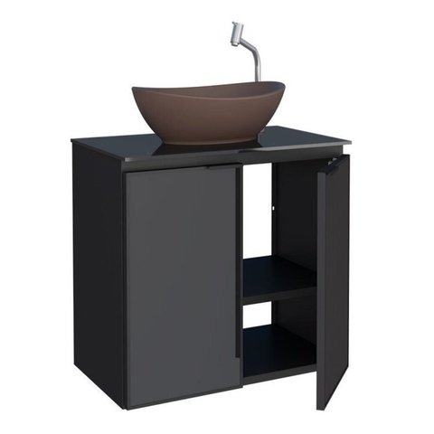 Kit com 2 Gabinetes para Banheiro em Aço 2 Portas com Tampo de Vidro e Porta de Vidro sem Cuba Umbu Preto