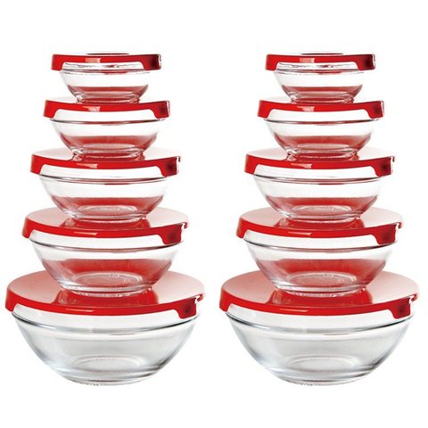Conjunto 10 Potes Tigela Vidro Tampa Vermelho Class Home