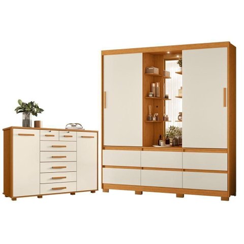 Guarda Roupa Solteiro com Cômoda Atena 2 Portas de Correr com Espelho 6 Gavetas MDP Off White