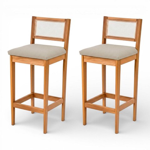 Kit 02 Banquetas Altas Brunella 99cm com Encosto Telinha Estilo Palha Linho Cru - Abmaza