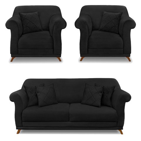 Kit 2 Poltronas e Sofá Living 2 Lugares 1,80m Vênus Suede Pés Castanho - Pallazio - Preto
