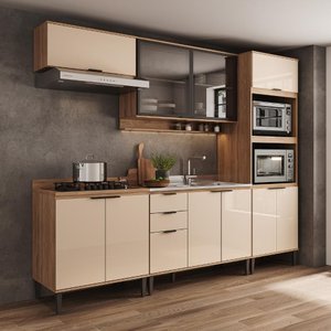 Armário de Cozinha Completa C Balcão Miami Studio Carraro Off White C Freijó