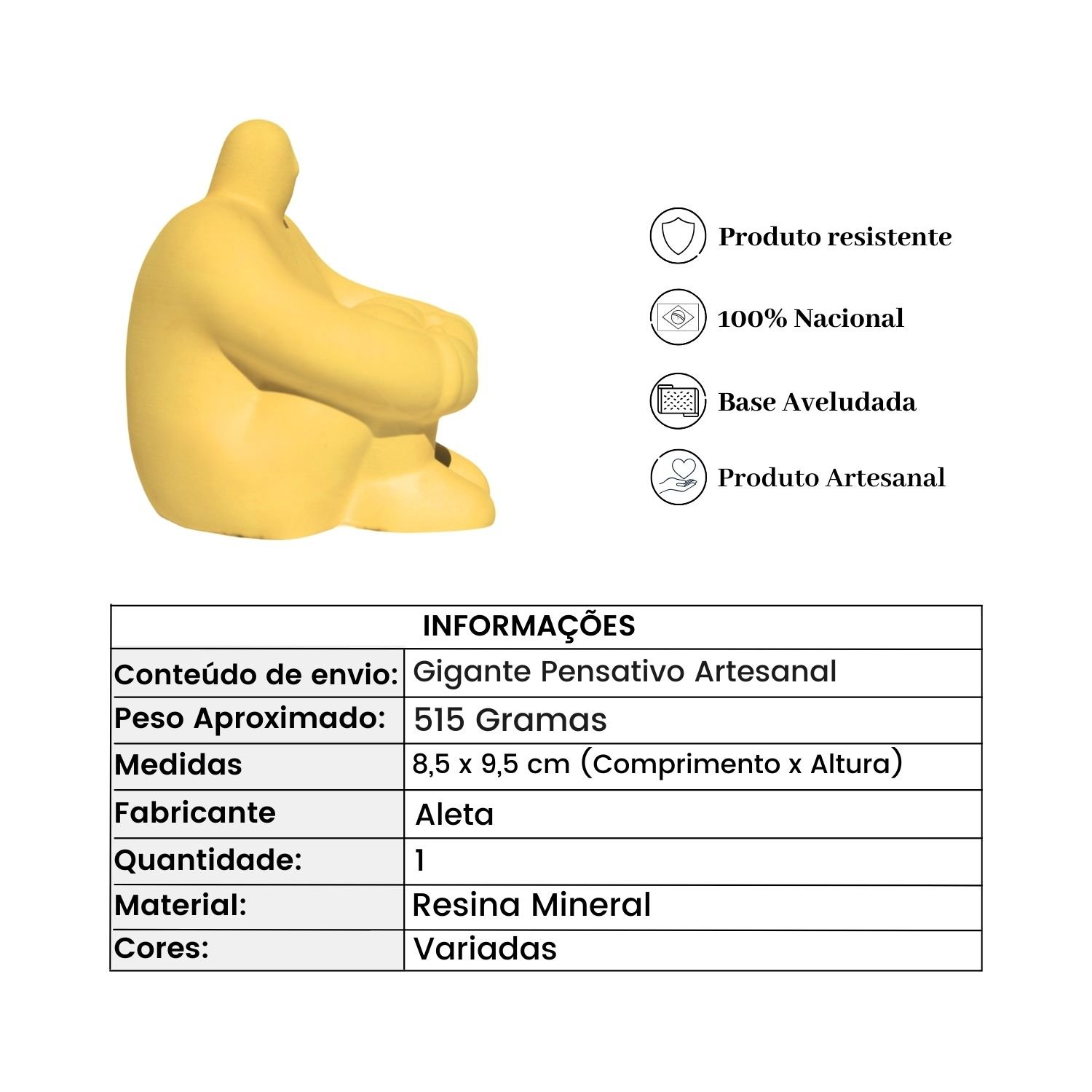 Estátua Decorativa Gigante Pensativo Artesanal 10x8,5cm em Resina Mineral - Amarelo - 4