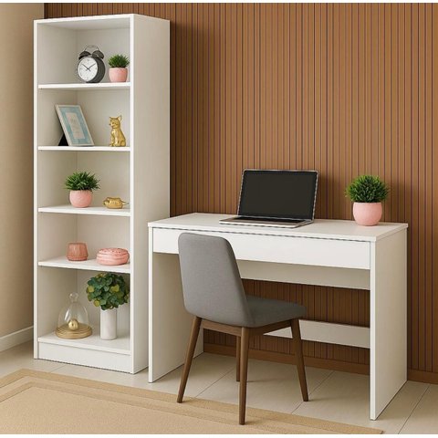 Escrivaninha 90cm Sli Gaveta e Livreiro Ripado 5 Prateleiras