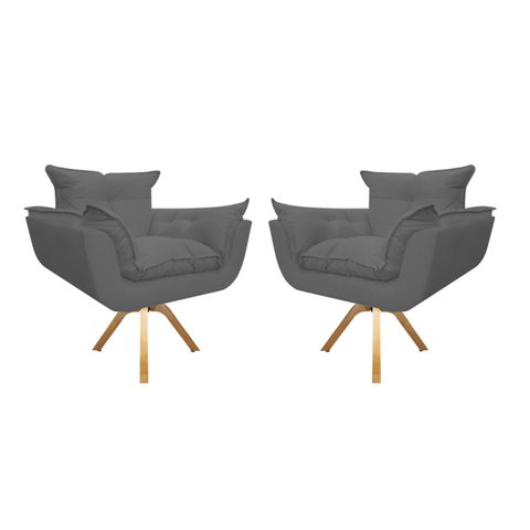 Kit 2 Poltronas Decorativa Opala Base Giratória Suede Cinza Mz Decor