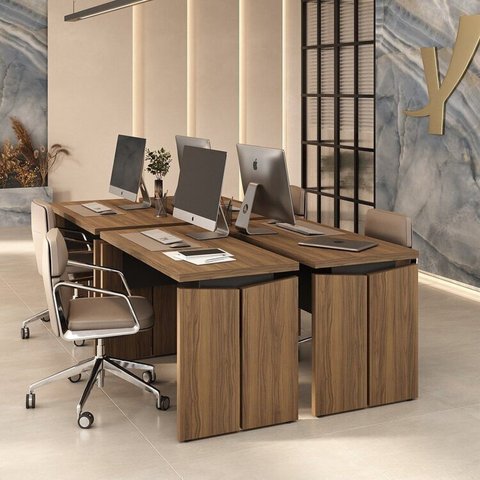 Conjunto Executivo 4 Mesas Operacionais 1250 Y37 100% MDF 1253cm Nogal e Preto Artany