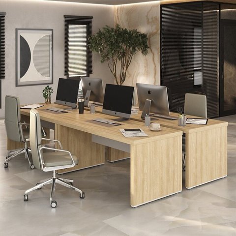 Conjunto para Escritório com 4 Mesas Tamburato 1600 1585cm Carvalho e Branco Bege Artany