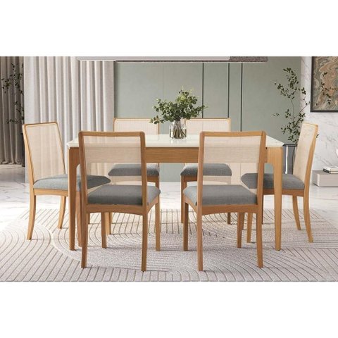 Mesa Cozinha Mira Premium Madeira Maciça C/ Tampo Madeirado C/ Vidro 160x90cm e 6 Cadeiras Lara