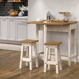 Mesa Dobrável e 2 Banquetas de Madeira Branco Lavado - 3