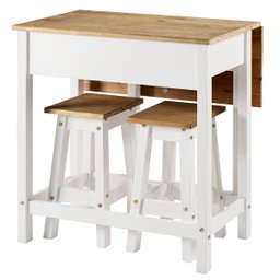 Mesa Dobrável e 2 Banquetas de Madeira Branco Lavado - 1