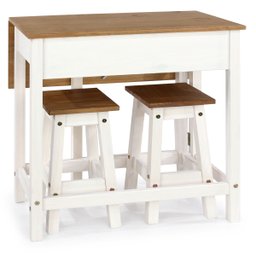 Mesa Dobrável e 2 Banquetas de Madeira Branco Lavado - 5