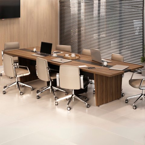 Kit Mesa Reunião Escritório 8 Lugares com 2 Módulos p/Extensão, Caixa de Tomada, Tampotamburato 50mm Marrom/Nogal/Preto Artany