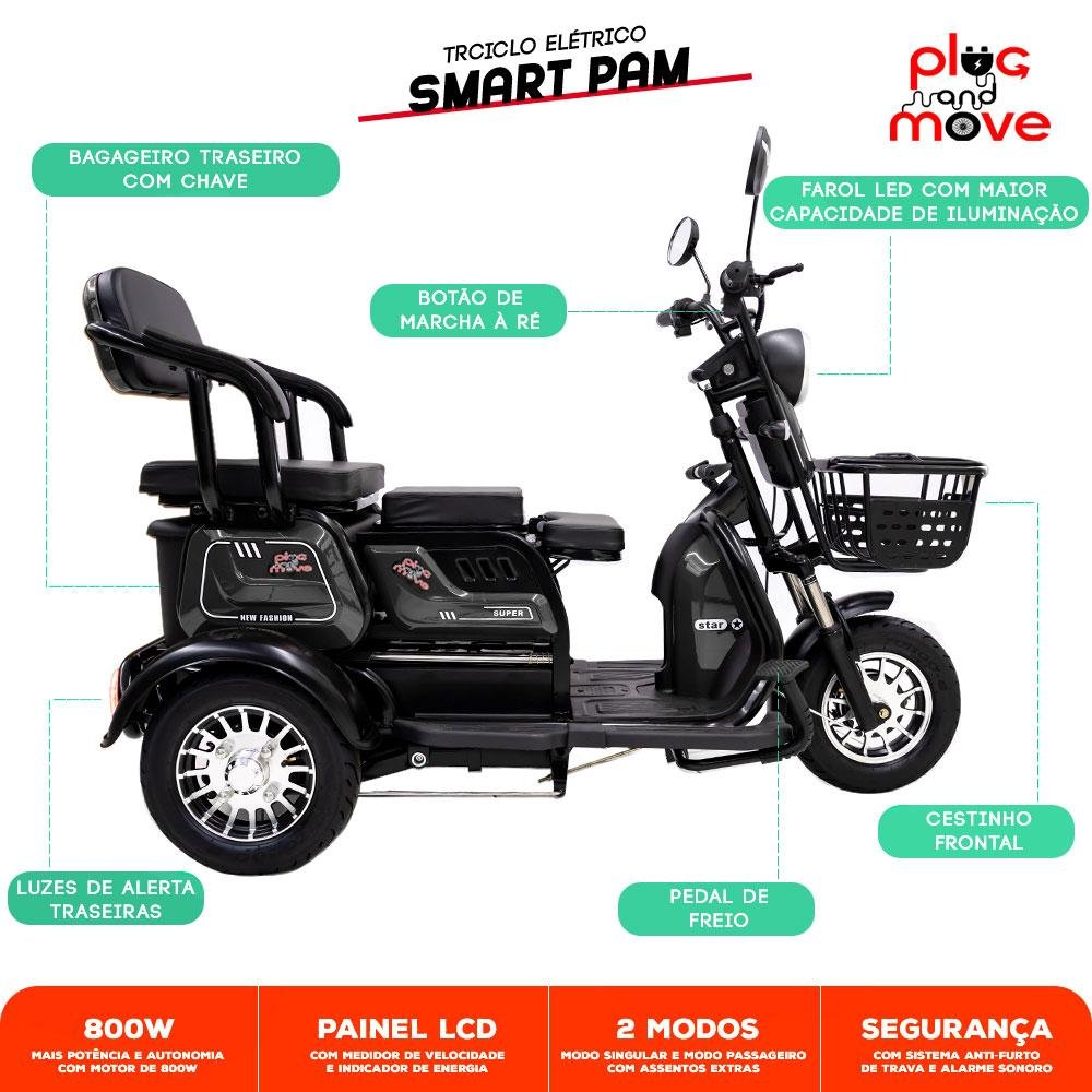 Triciclo Elétrico - Smart PAM - 800w 48v 28Ah - Preto - Plug and Move - 2