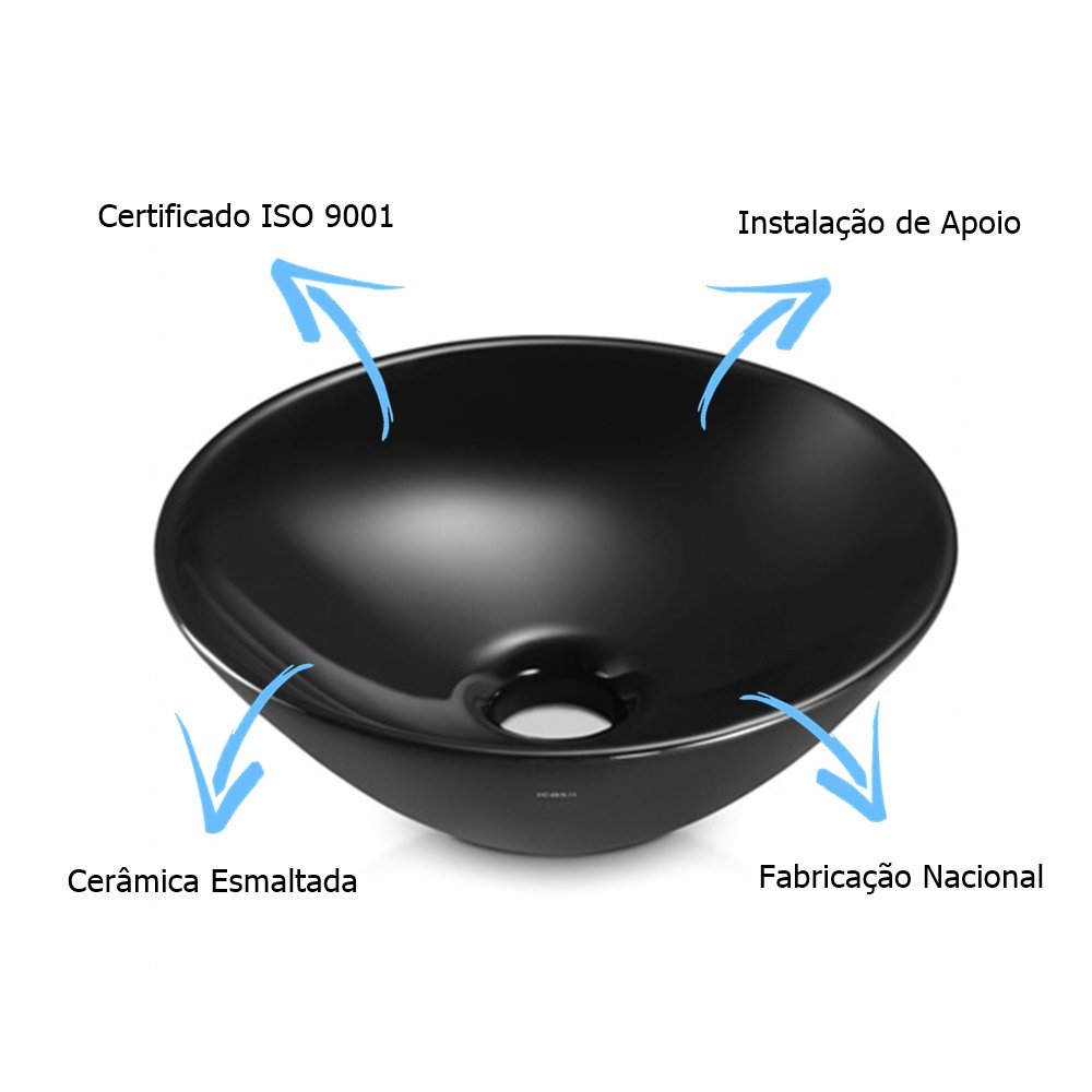 CUBA DE APOIO REDONDA BANHEIRO PRETA 29CM COM VALVULA CLICK - 4